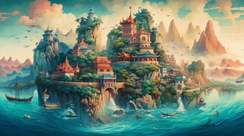 建筑房子山川海洋卡通手绘背景,插画/手绘图,插画/手绘图库,插画/手绘图下载,插画/手绘
